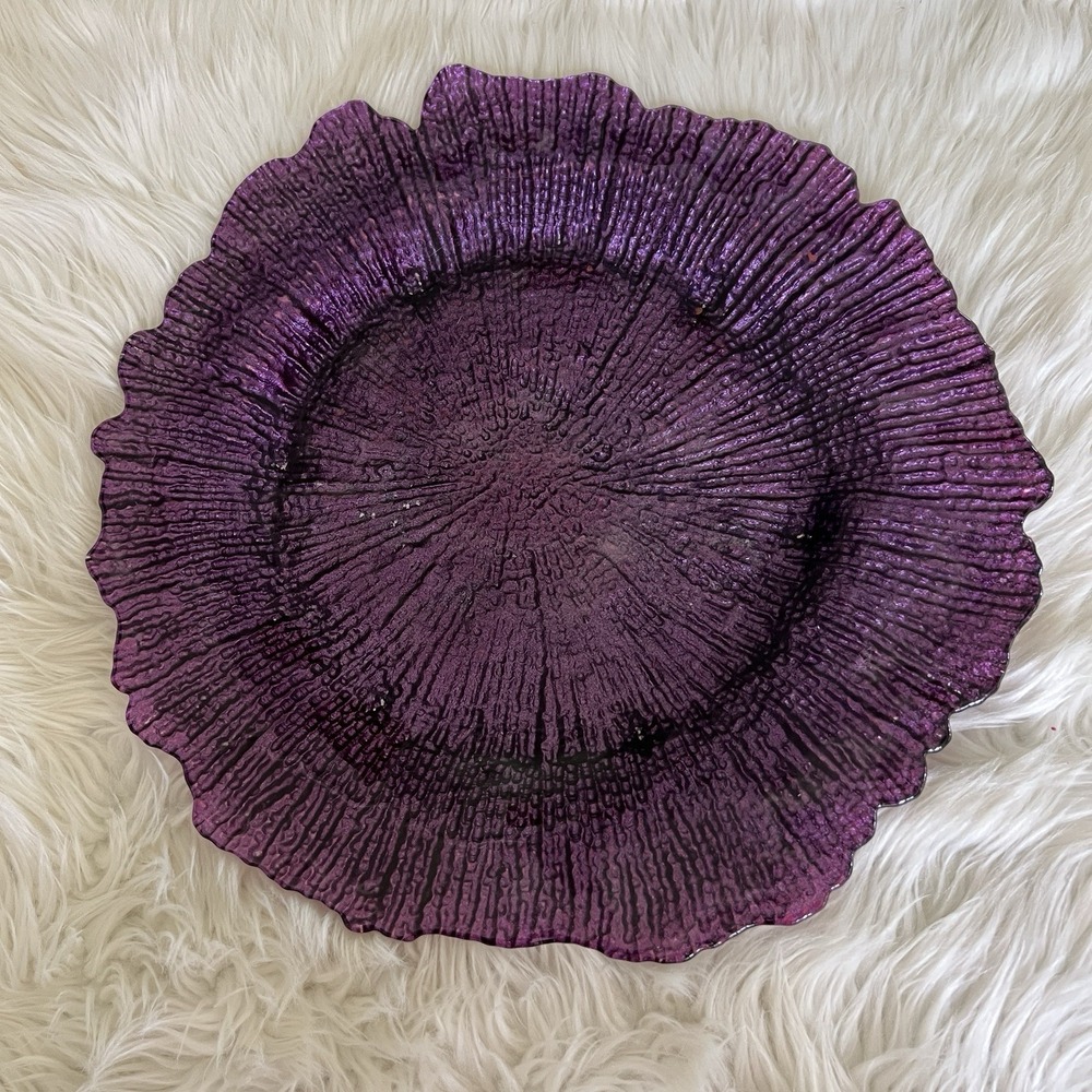 Purple Glass Charger Plate 13 Inch Textured Scalloped Edge Plum Dinner Decor